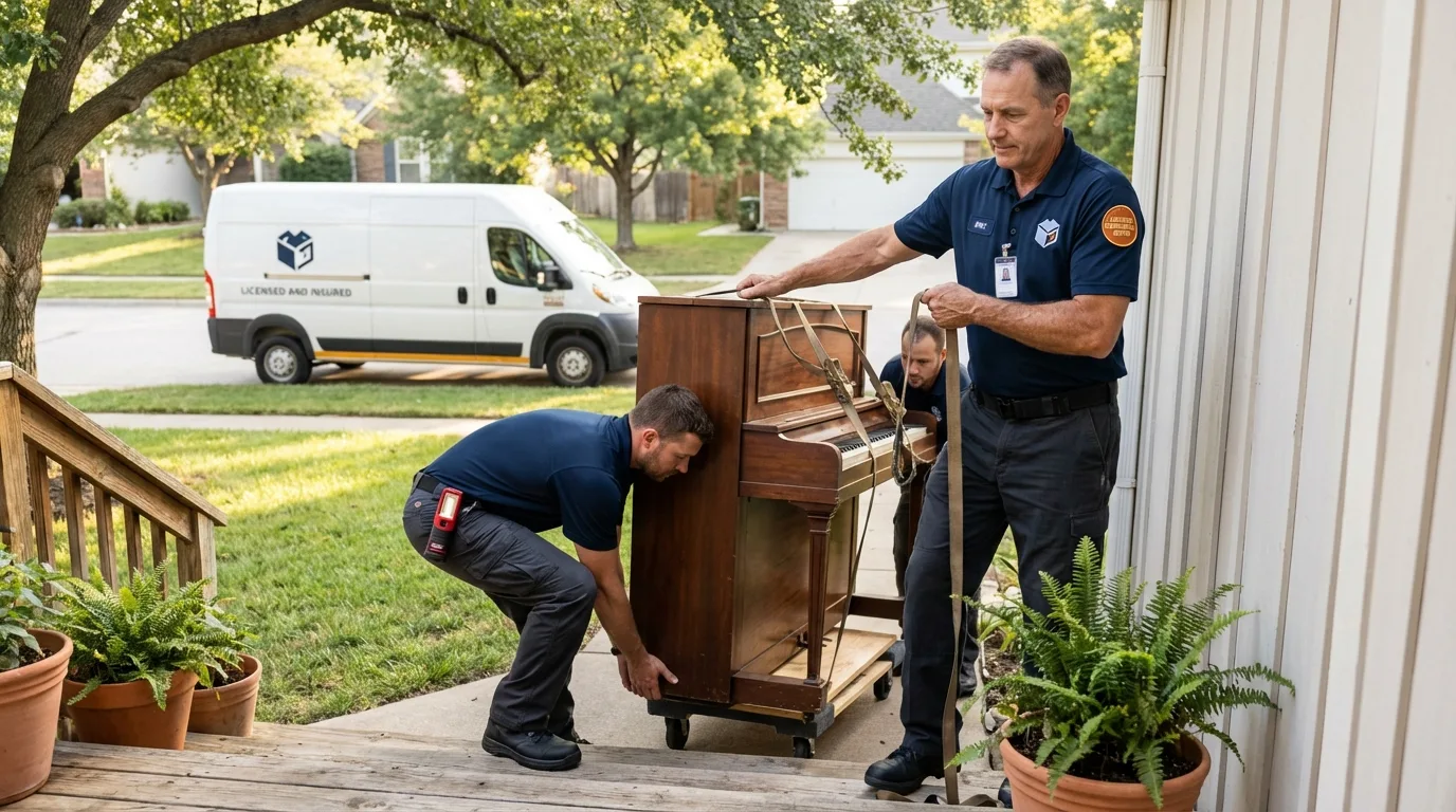 Licensed piano movers securing grand piano in Pownal, VT