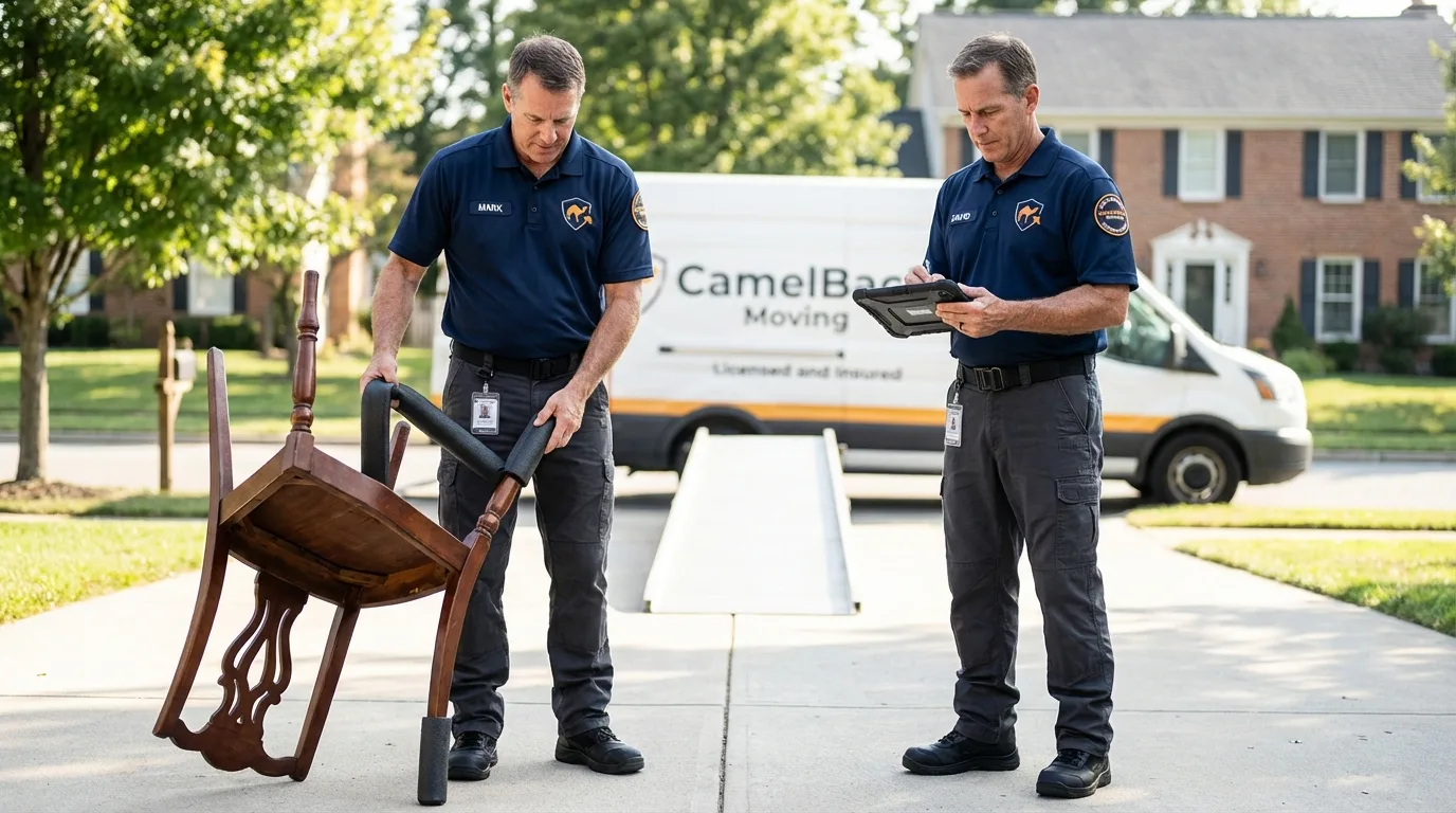 Movers inspecting furniture for damage prevention before loading in Pownal, VT
