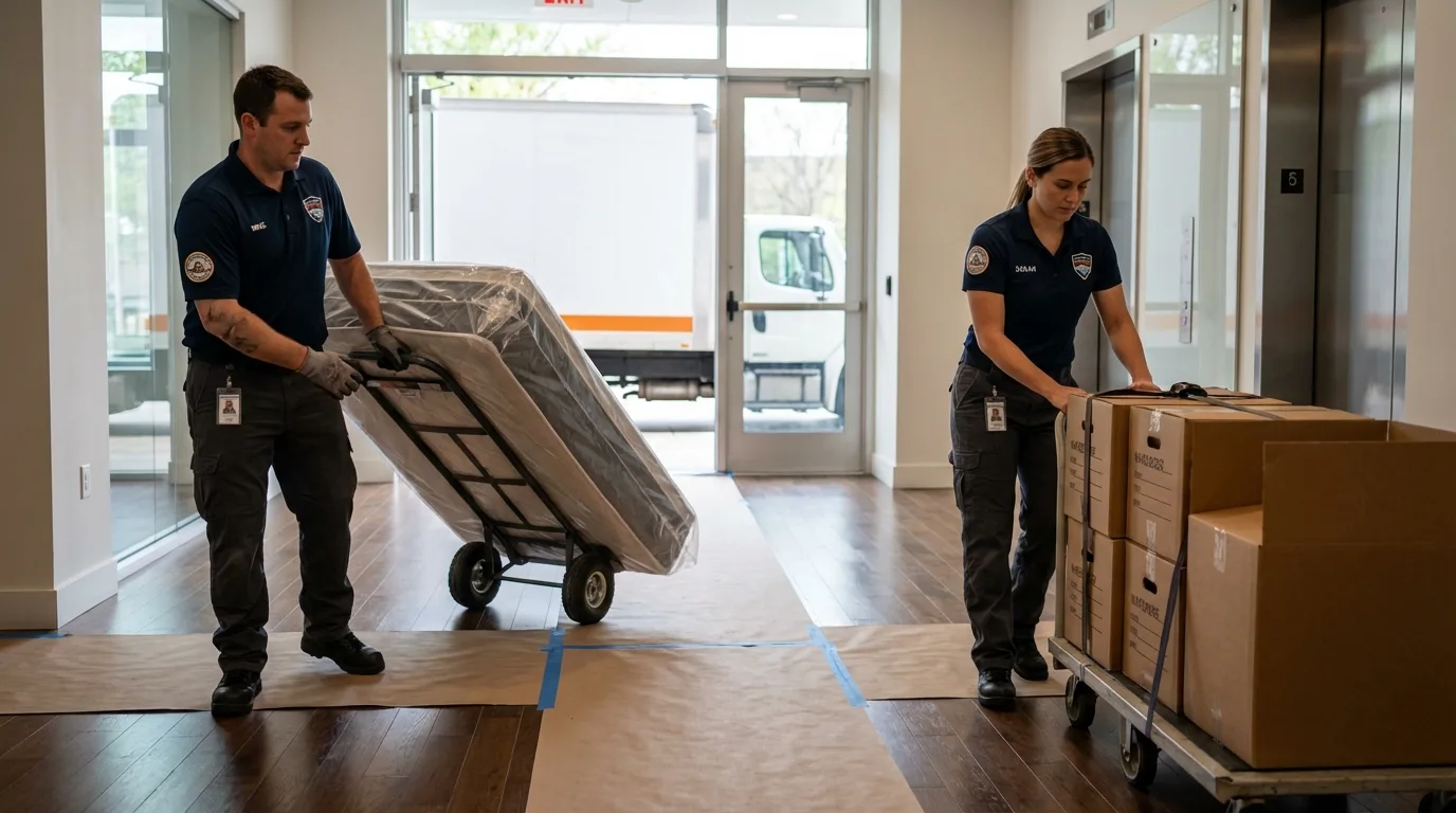 Professional apartment movers loading elevator in Pownal, VT