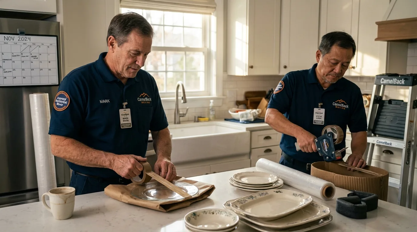 Professional crew packing kitchen dishware in Pownal, VT